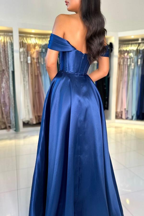 Off The Shoulder Empire Open Back Satin Blue Floor Length Prom Dress with Ruffles
