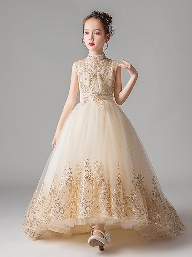 Princess Court Train Party / Pageant Flower Girl Dresses - Polyester Sleeveless Jewel Neck With Appliques