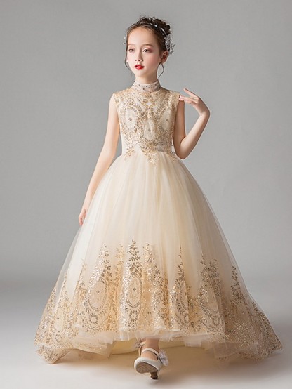 Princess Court Train Party / Pageant Flower Girl Dresses - Polyester Sleeveless Jewel Neck With Appliques