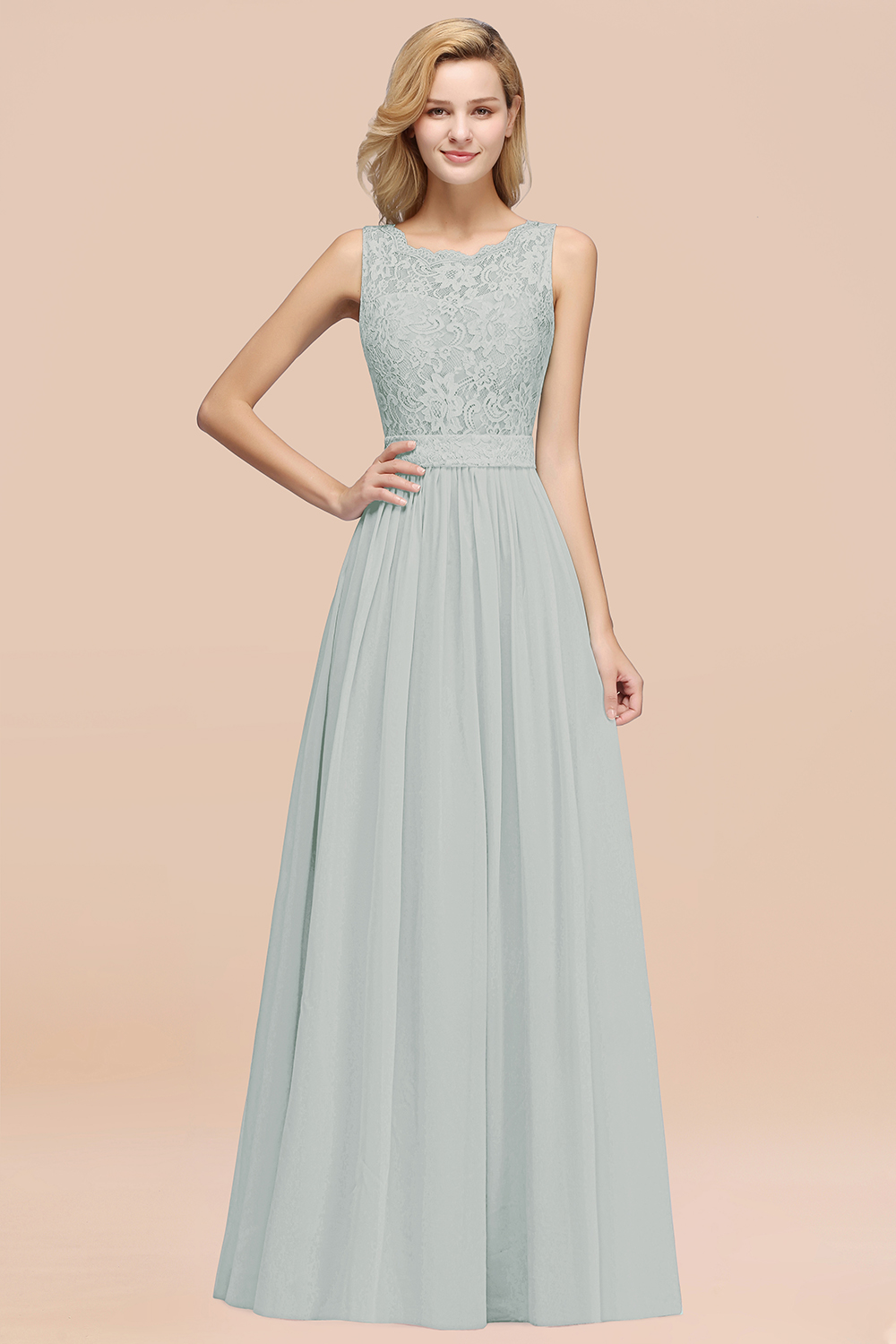 Chiffon A-Line Lace Scalloped Sleeveless Long Ruffles Bridesmaid Dress
