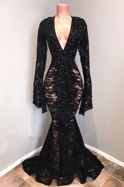 Black Deep V-neck Long Sleeves Appliques Lace Long Mermaid Prom Dress