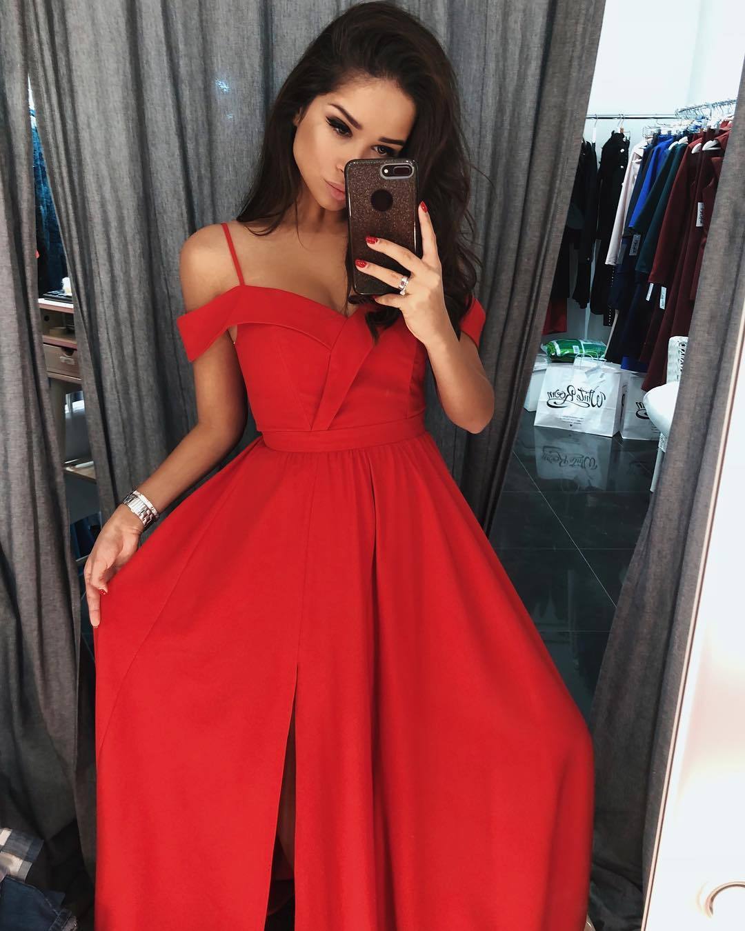 Modern Off-the-shoulder Spaghetti Straps A-Line Ruffles Prom Dress With Side Slit