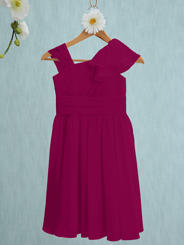 Sheath / Column Straps Knee Length Chiffon Junior Bridesmaid Dress With Ruffles / Side Draping / Natural