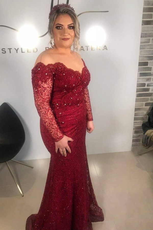 Sexy Sweetheart Off-the-shoulder Long Sleeve Appliques Lace Pearl Floor-length Mermaid Prom Dress