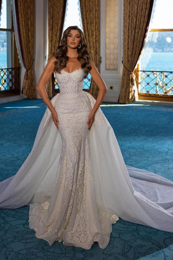 wedding dress mermaid lace open back Lace Satin Scoop Mermaid Open Back Long Sleeves Slit Wedding Dresses, MW636