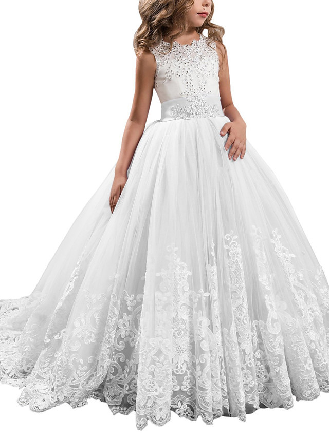 Princess Sleeveless Jewel Neck Pageant Flower Girl Dresses With Bow(S)