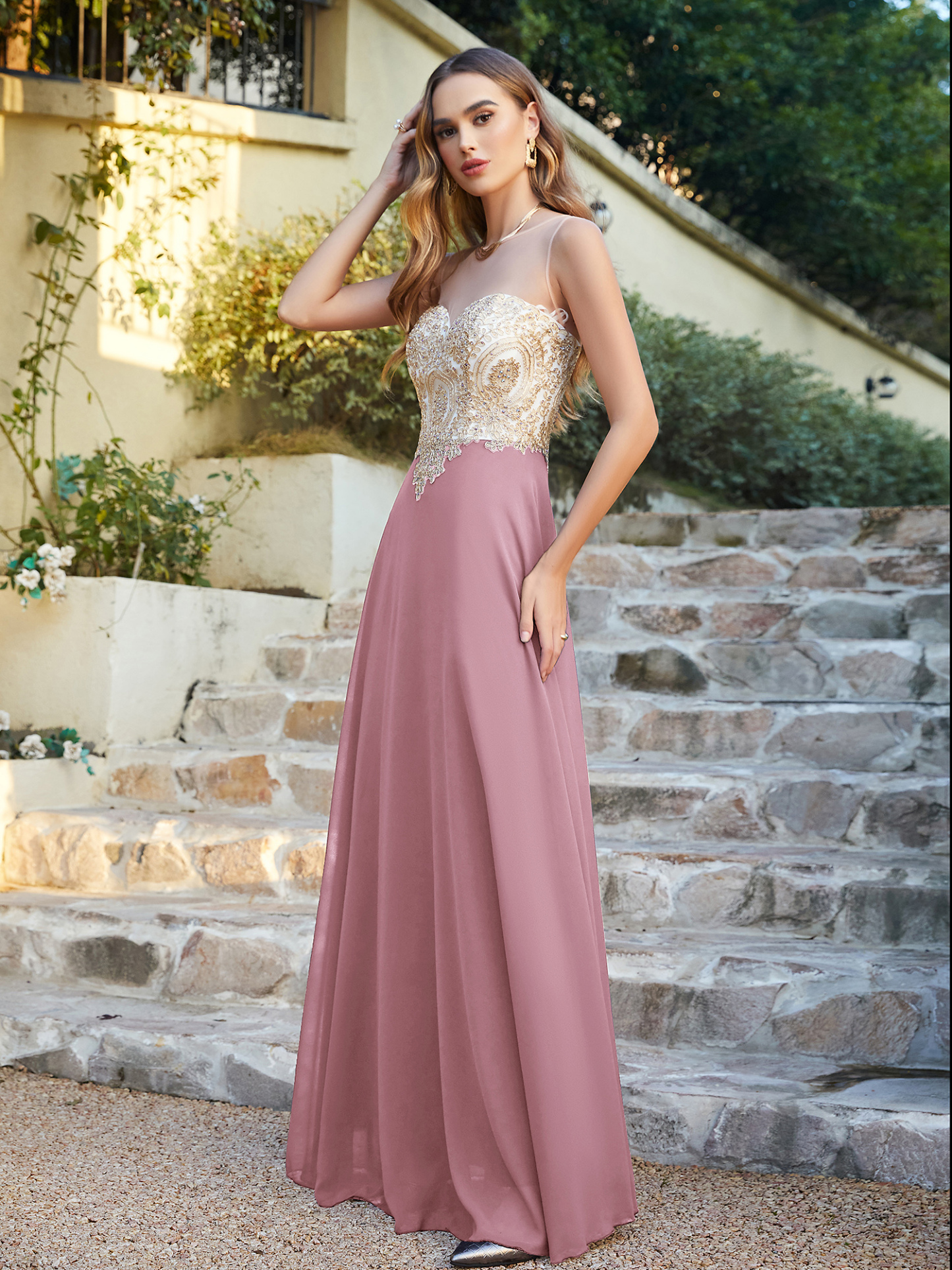 Elegant Long A-line Chiffon Sleeveless Tulle Lace Appliques Prom Dress