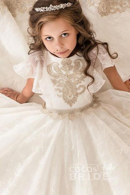 Long Scoop Neck Short Sleeves Ball Gown Flower Girl Dress