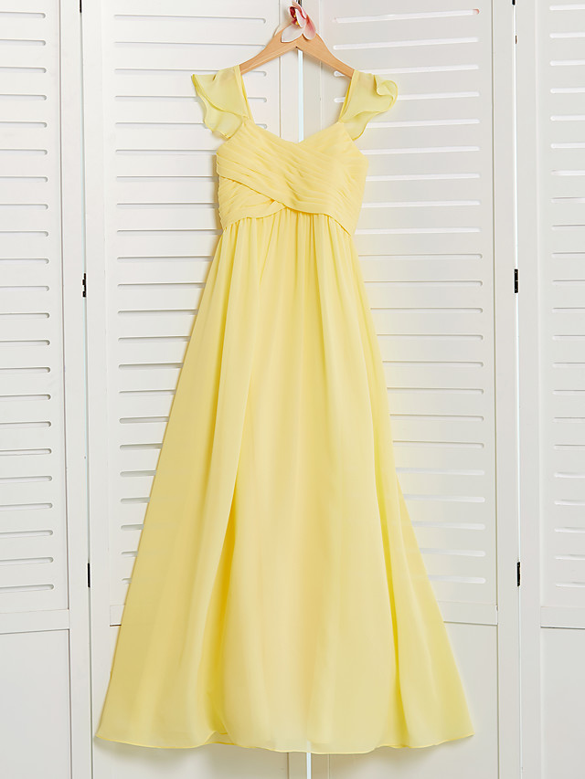 A-Line Square Neck Floor Length Chiffon Junior Bridesmaid Dress With Ruffles / Ruching