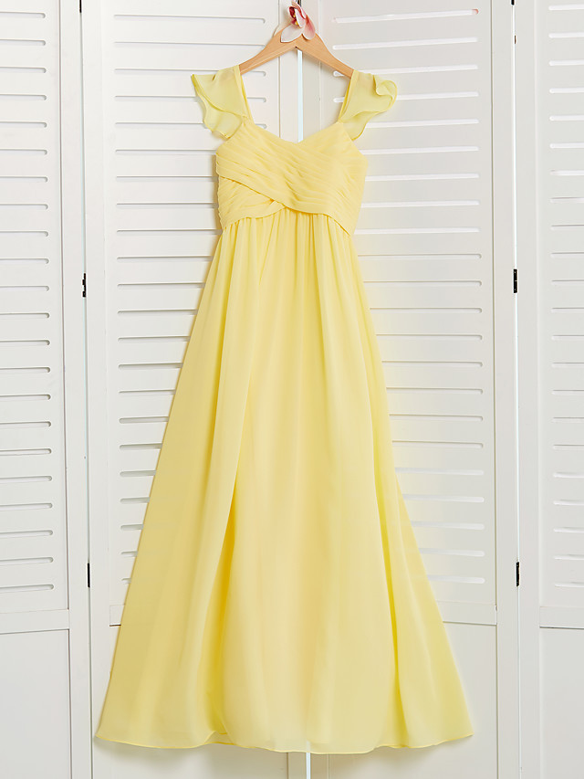 A-Line Square Neck Floor Length Chiffon Junior Bridesmaid Dress With Ruffles / Ruching