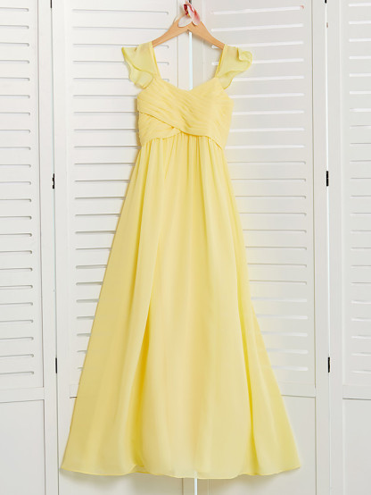 A-Line Square Neck Floor Length Chiffon Junior Bridesmaid Dress With Ruffles / Ruching