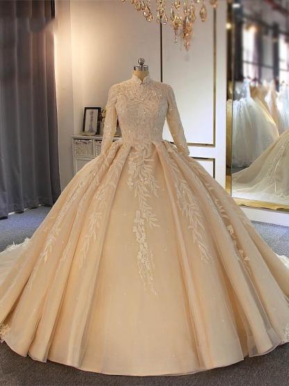 Luxury High Neck Long Sleeves Lace-Up Ball Gown Wedding Dresses