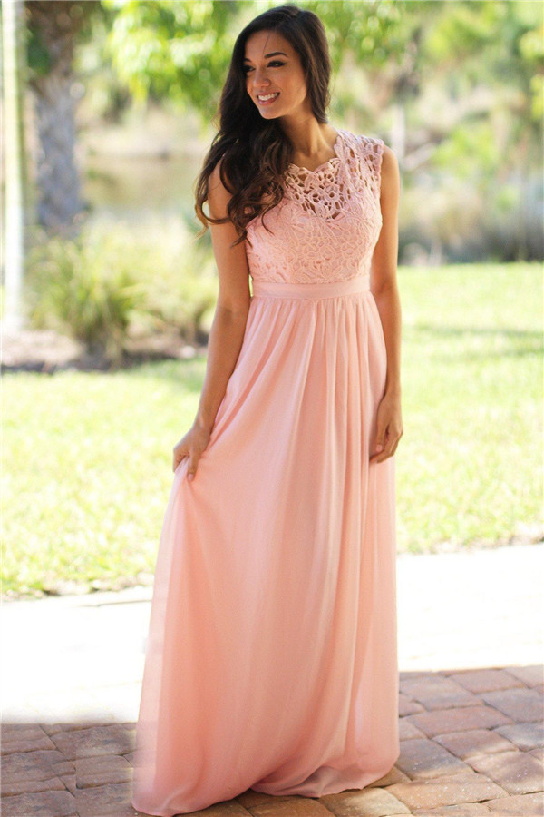 Sheath Crew Sleeveless Floor-length Lace Top Chiffon Bridesmaid Dresses