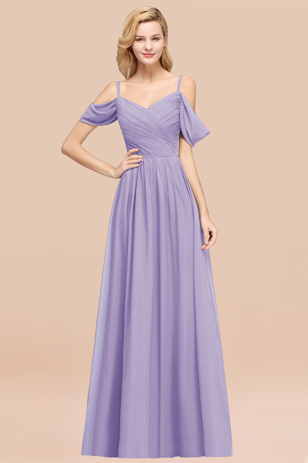 A-Line Chiffon V-Neck Spaghetti Straps Short-Sleeves Floor-Length Bridesmaid Dresses with Ruffles