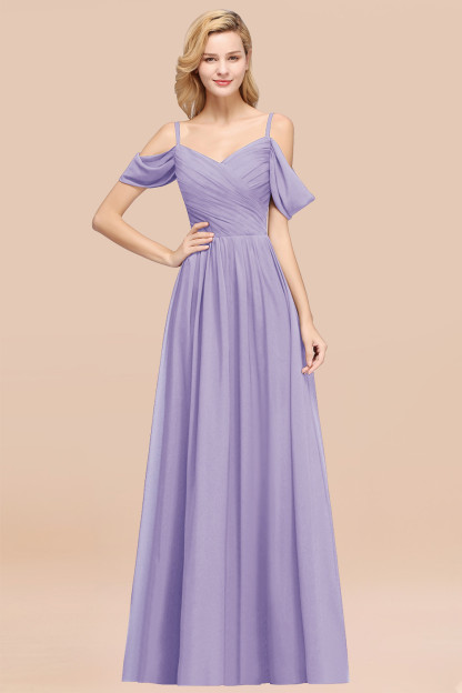 A-Line Chiffon V-Neck Spaghetti Straps Short-Sleeves Floor-Length Bridesmaid Dresses with Ruffles