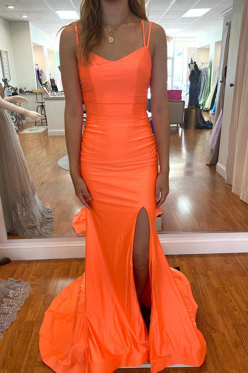 Orange Long Spaghetti Straps Backless Mermaid Prom Dress With Split COCOSBRIDE Orange Long Spaghetti Straps Backless Mermaid Prom Dress With Split COCOSBRIDE