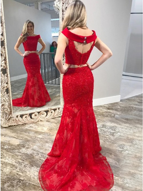 Glamorous Off-the-shoulder Backless Lace Floor-length Mermaid Prom Dress