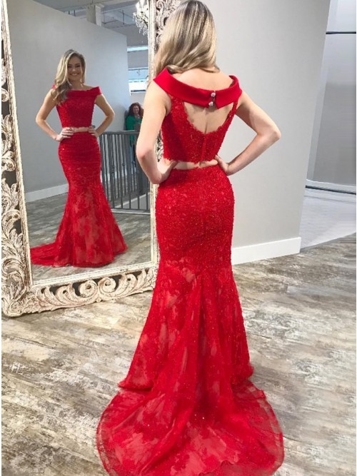 Glamorous Off-the-shoulder Backless Lace Floor-length Mermaid Prom Dress