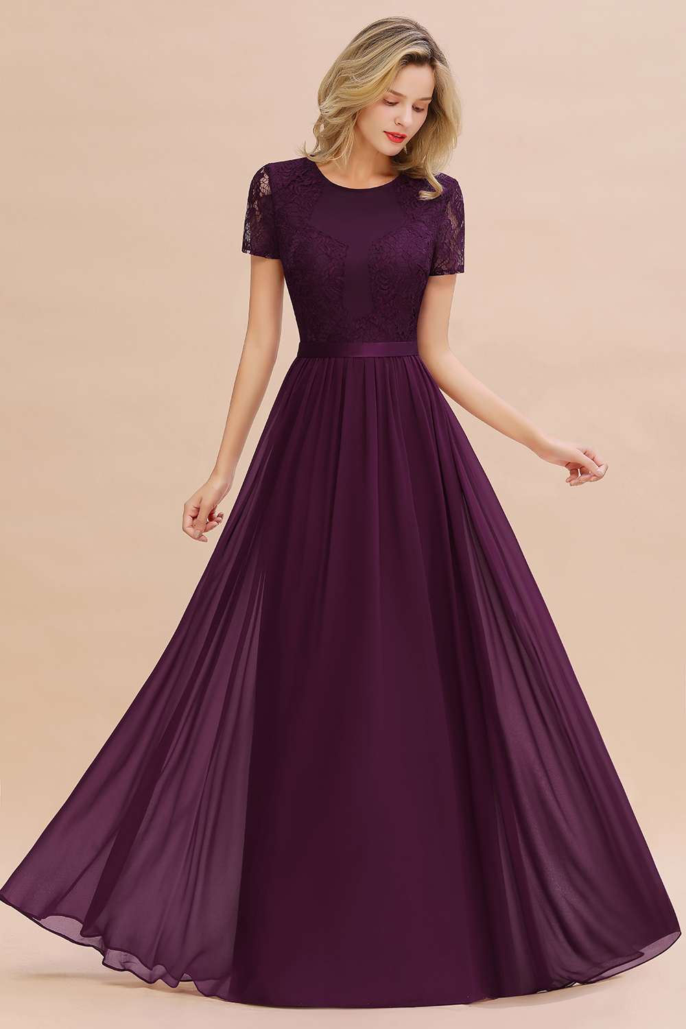 Chiffon Lace Scoop Short Sleeve Bridesmaid Dress