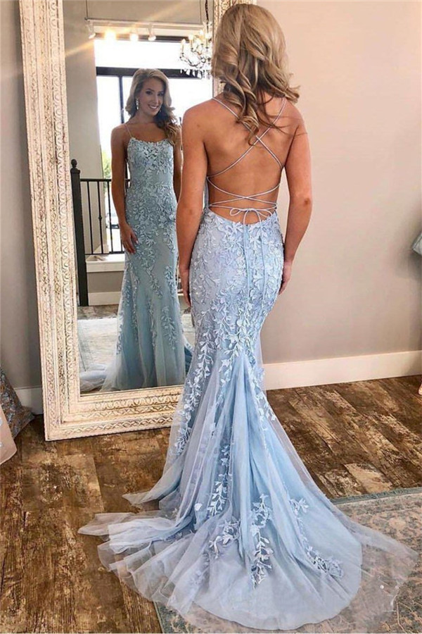 Long Mermaid Spaghetti Straps Appliques Lace Tulle Open Back Prom Dress