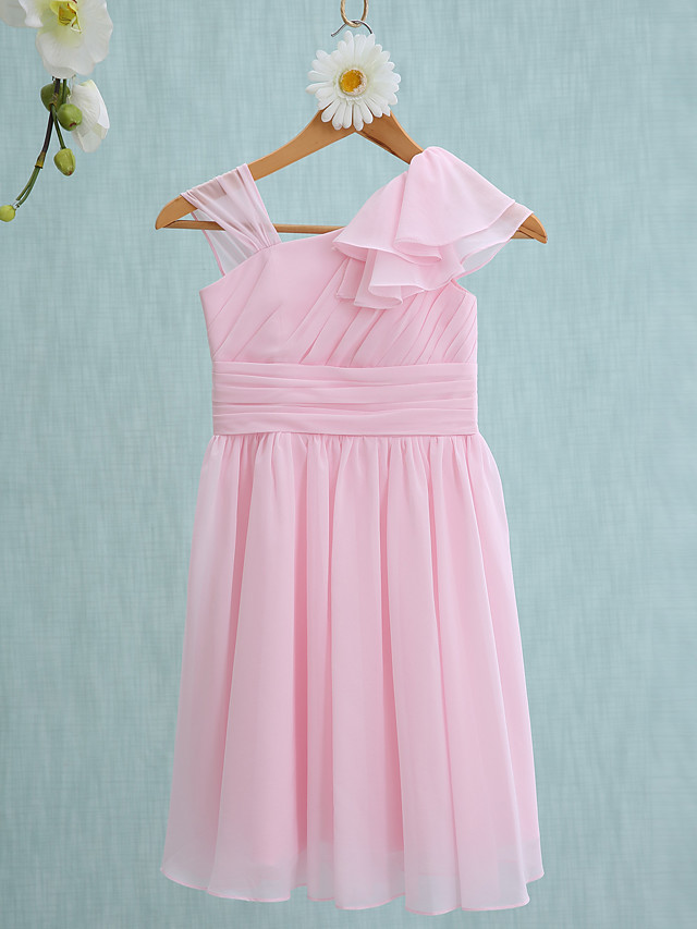 Sheath / Column Straps Knee Length Chiffon Junior Bridesmaid Dress With Ruffles / Side Draping / Natural