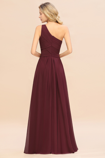 Elegant Burgundy A-line Chiffon Ruffles One Shoulder Long Bridesmaid Dress