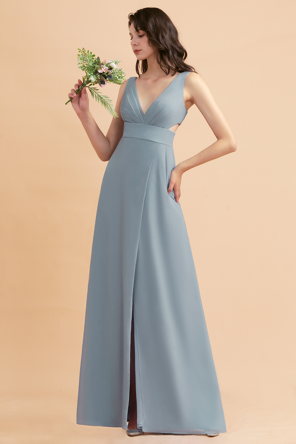 Simple V-neck A-Line Wide Straps Floor-length Chiffon Bridesmaid Dress With Side Slit