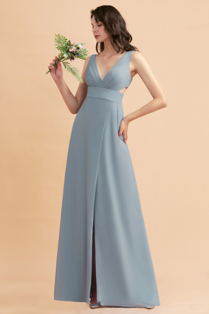 Simple V-neck A-Line Wide Straps Floor-length Chiffon Bridesmaid Dress With Side Slit