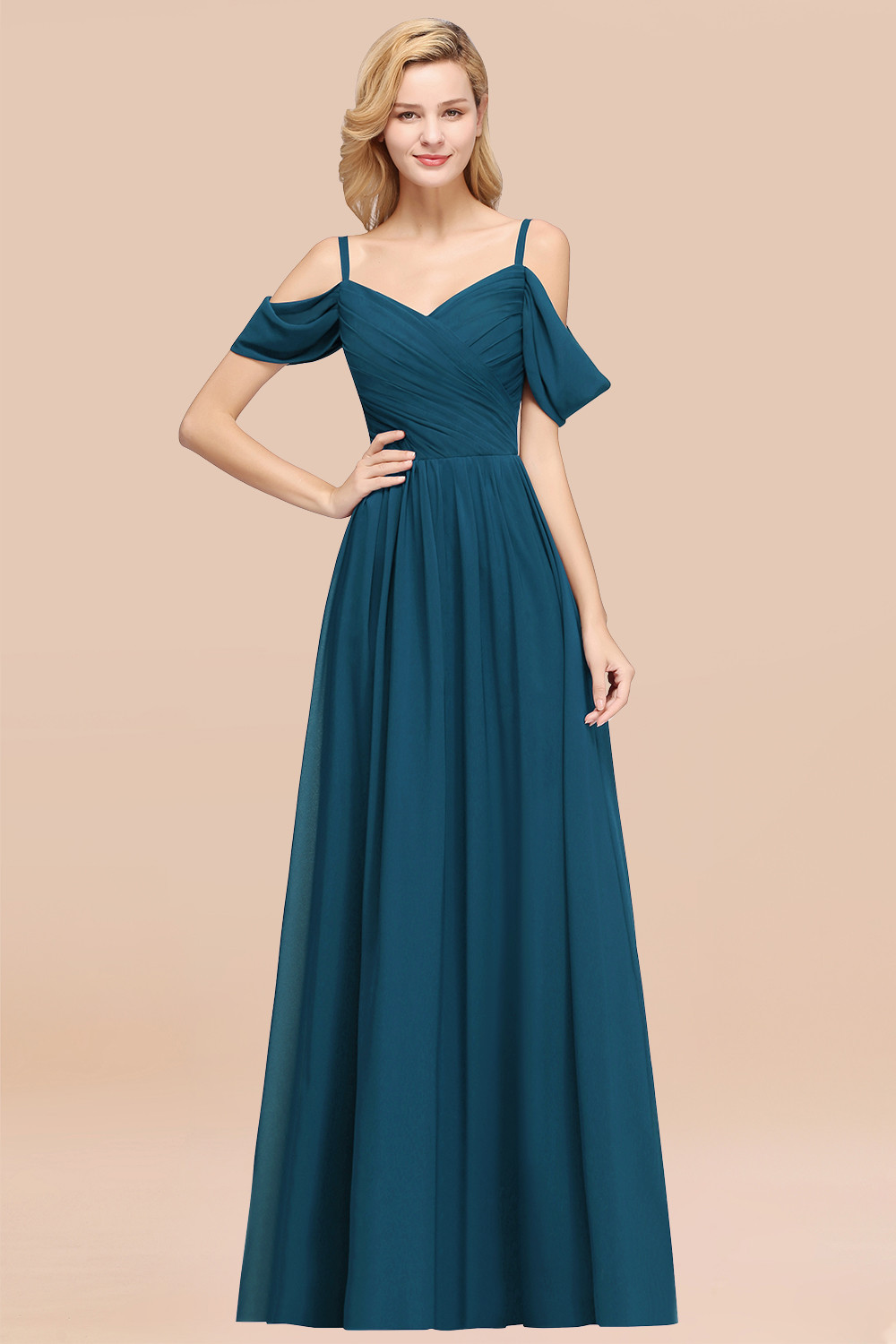 A-Line Chiffon V-Neck Spaghetti Straps Short-Sleeves Floor-Length Bridesmaid Dresses with Ruffles