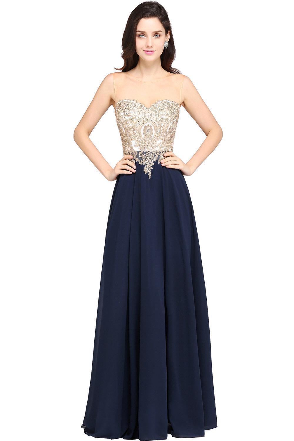 A-line Scoop Dark Navy Chiffon Evening Dresses with Appliques