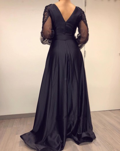 Unique Black A-line Floor-length V-neck Long Sleeve Backless Satin Beading Prom Dress With Slit