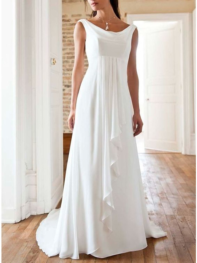 A-Line Wedding Dresses Jewel Neck Sweep \ Brush Train Chiffon Sleeveless Beach