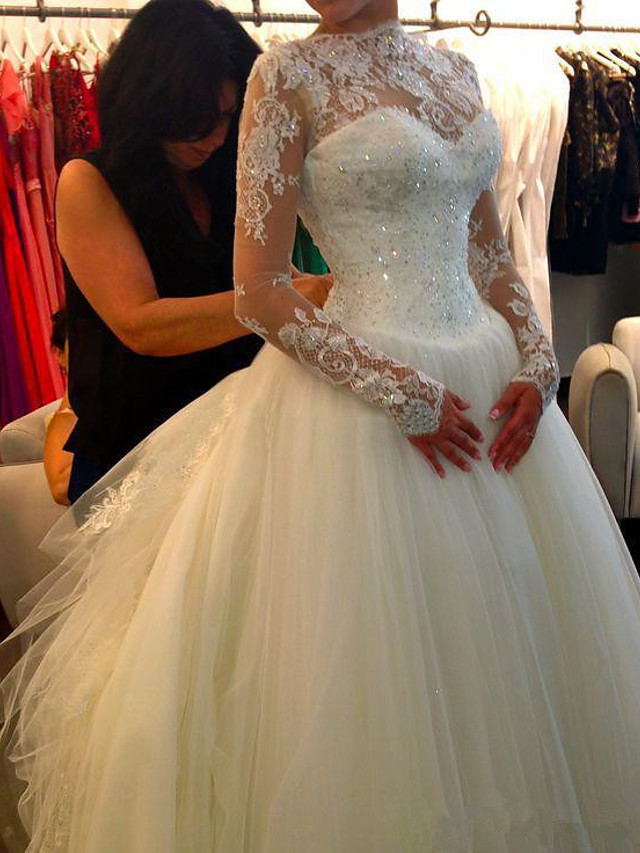 A-Line Wedding Dresses Jewel Neck Court Train Lace Tulle Long Sleeve Formal Sexy