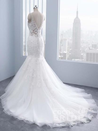 Elegant Long V-neck Lace Mermaid Tulle Wedding Dresses