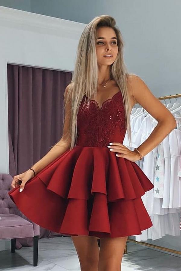 Elegant burgundy Short A-line V-neck Satin Prom Dress
