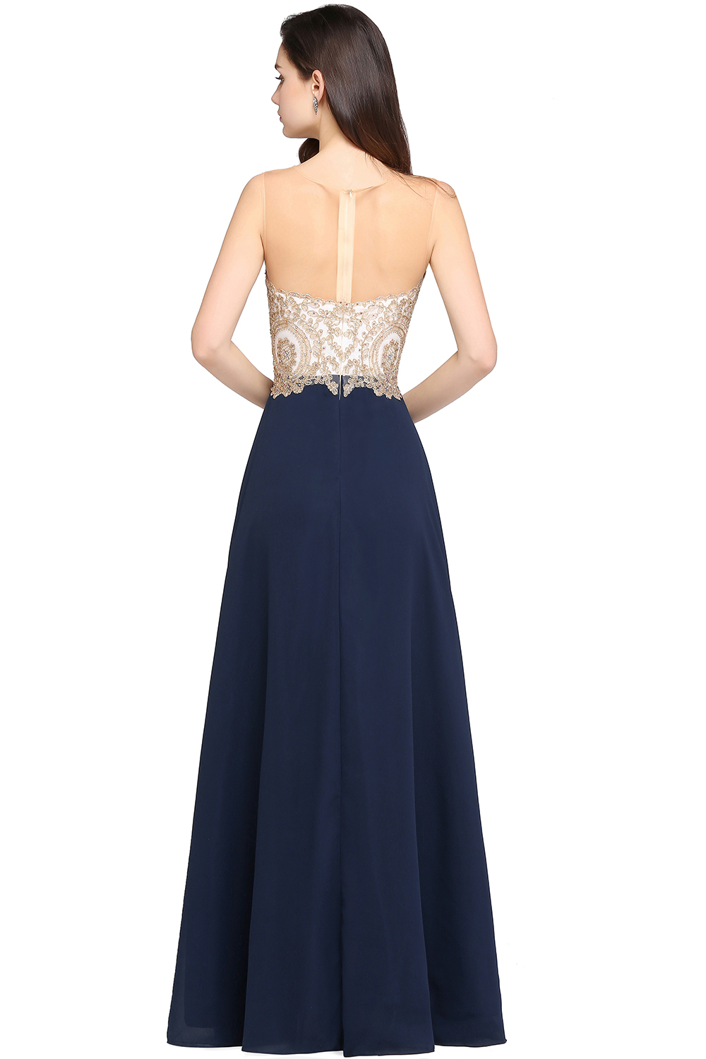 A-line Scoop Dark Navy Chiffon Evening Dresses with Appliques