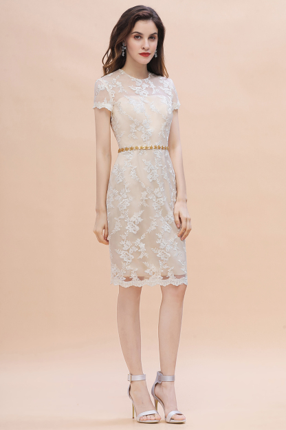 Tulle Lace Beads Belt Short Sleeves Mother of Bride Dress