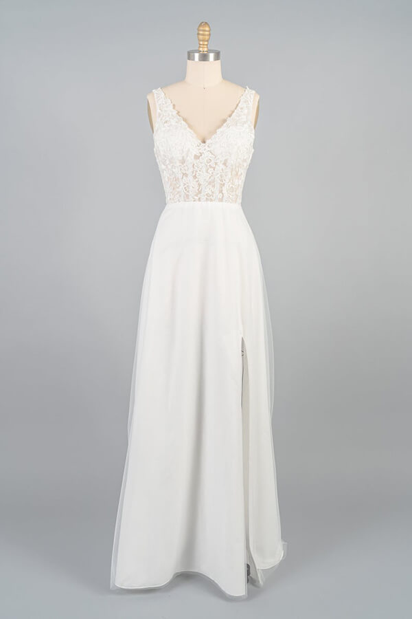 V-neck Appliques Tulle A-line Wedding Dress