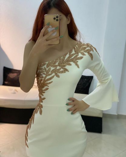 Mermaid One Shoulder Satin Formal Dress with Sleeves