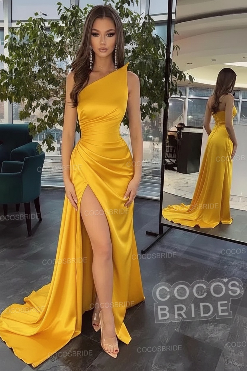 Elegant Black Long Mermaid One Shoulder Satin Prom Dress