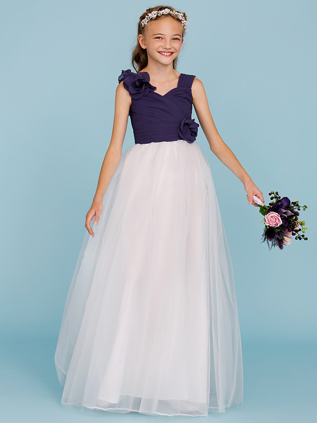 Princess / A-Line Straps Floor Length Chiffon / Tulle Junior Bridesmaid Dress With Criss Cross / Ruched / Flower / Color Block / Floral / Wedding Party