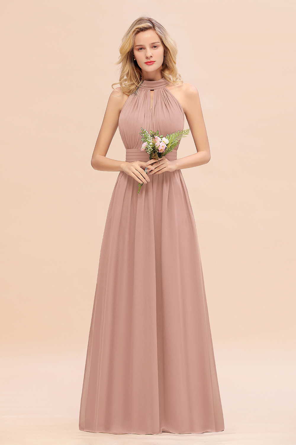 BM0758 Glamorous High-Neck Halter Bridesmaid Affordable Dresses with Ruffle