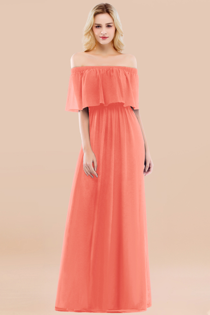 A-line Chiffon Off-the-Shoulder Short-Sleeves Ruffles Floor-length Bridesmaid Dress