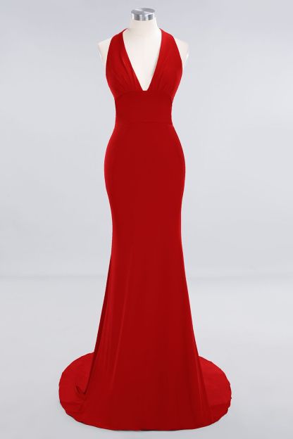 Elegant Halter Deep V-neck Open Back Floor-length Mermaid Prom Dress