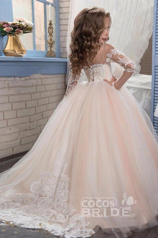 White Scoop Neck Long Sleeves Ball Gown Flower Girls Dress