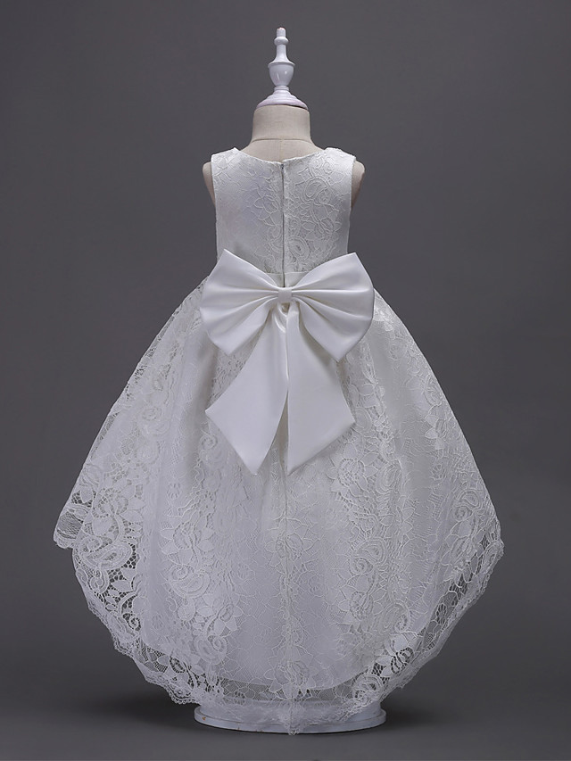 Princess Asymmetrical Wedding / First Communion Flower Girl Dresses - Lace / Satin / Tulle Sleeveless V Wire With Lace / Belt / Bow(S)