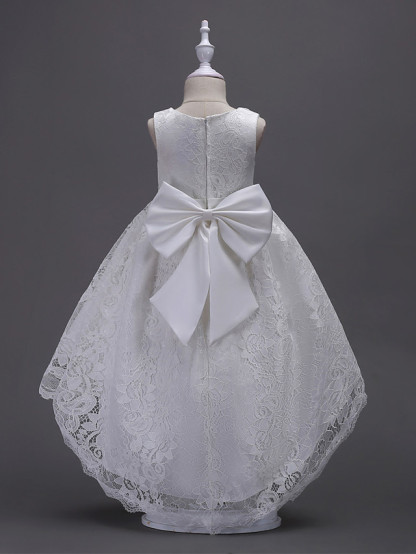 Princess Asymmetrical Wedding / First Communion Flower Girl Dresses - Lace / Satin / Tulle Sleeveless V Wire With Lace / Belt / Bow(S)