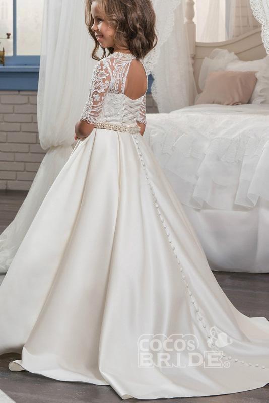 White Scoop Neck 1/2 Sleeves Trumpet Flower Girls Dress