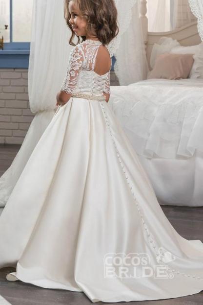 White Scoop Neck 1/2 Sleeves Trumpet Flower Girls Dress