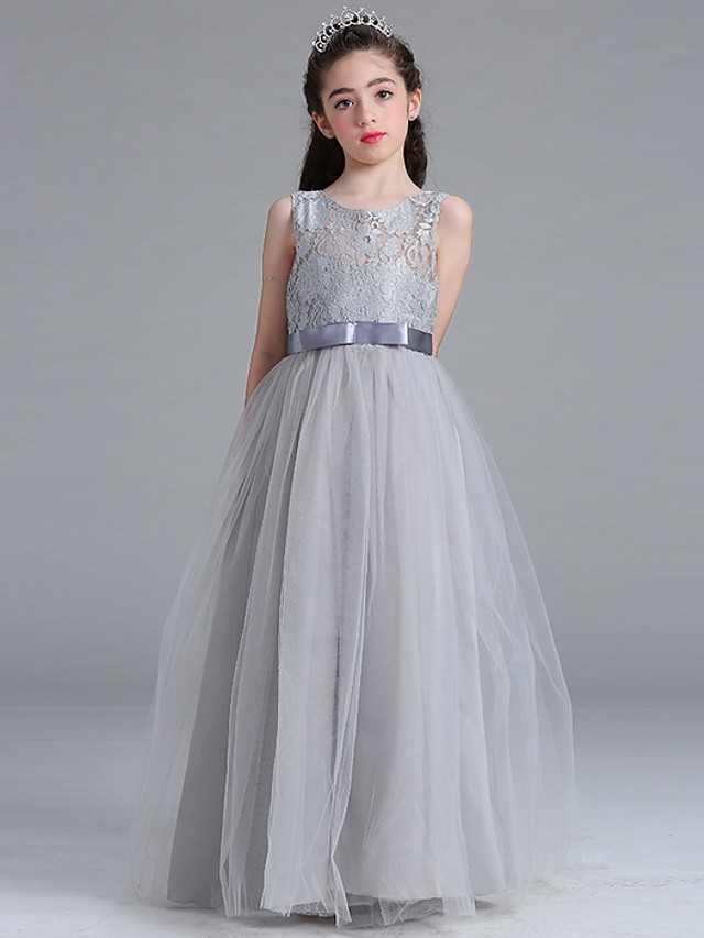 Long Floor Length Tulle Lace Junior Bridesmaid Dress A-line Flower Girl Dresses
